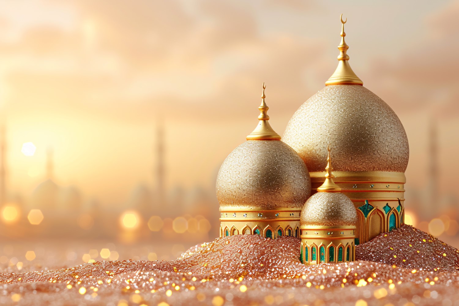 Ramadan banner with golden mosque and glitter