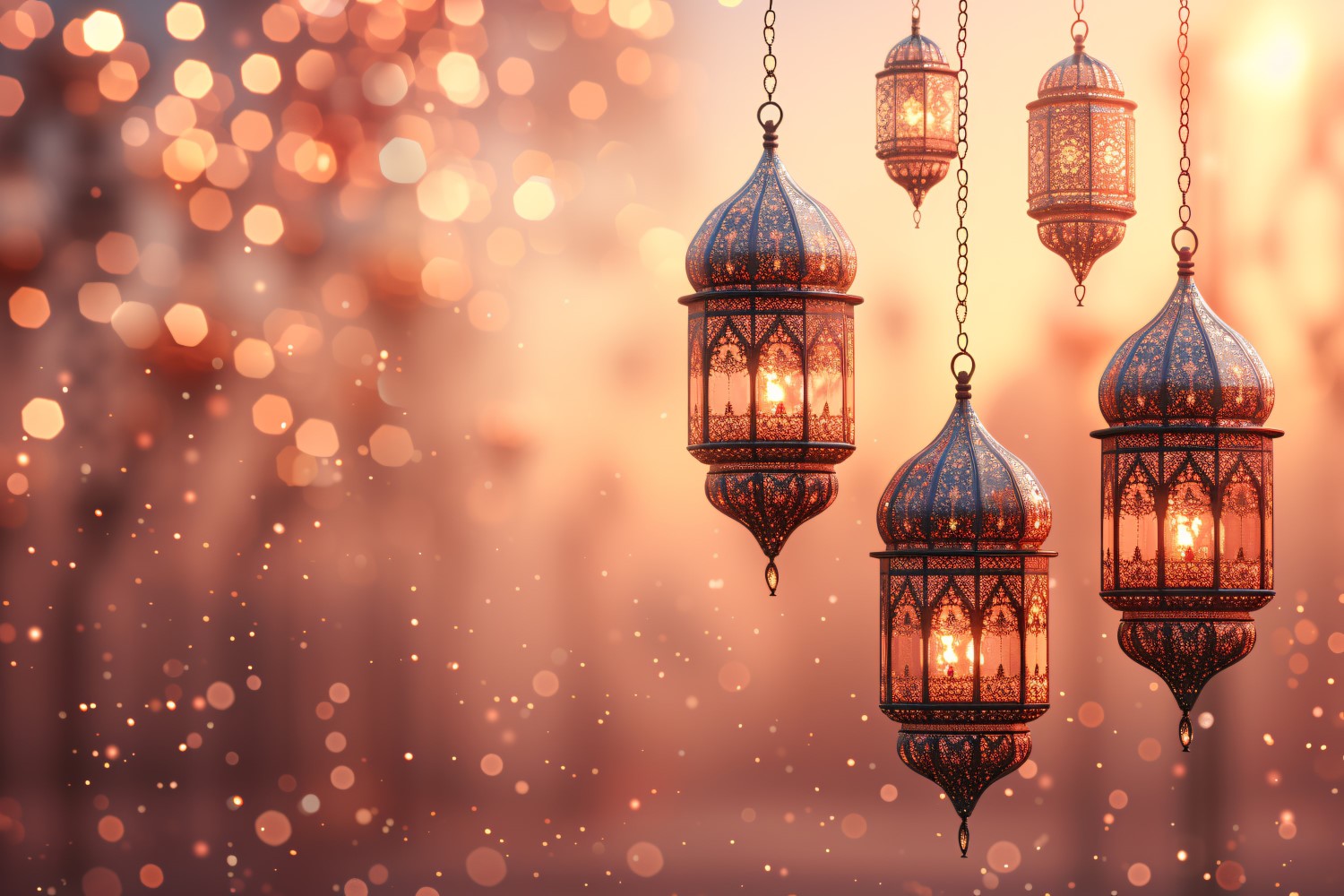 Ramadan greeting banner design with lantern and glitter