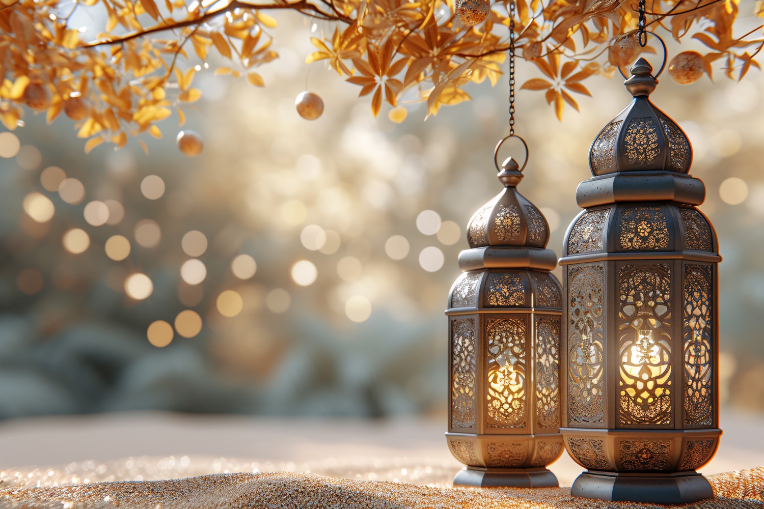 Ramadan greeting banner design with leaves and lantern background