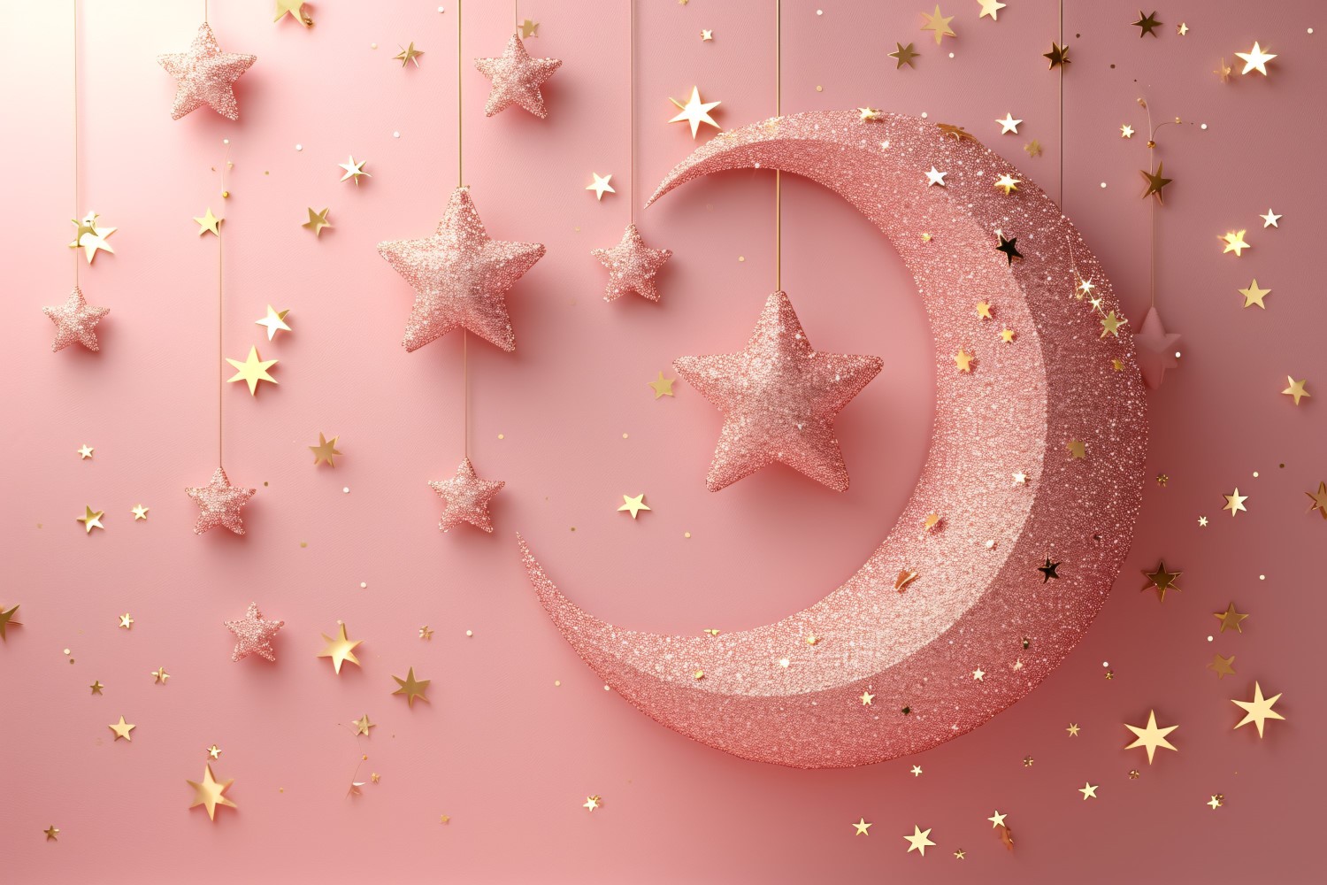Ramadan greeting banner design with moon and star pink background