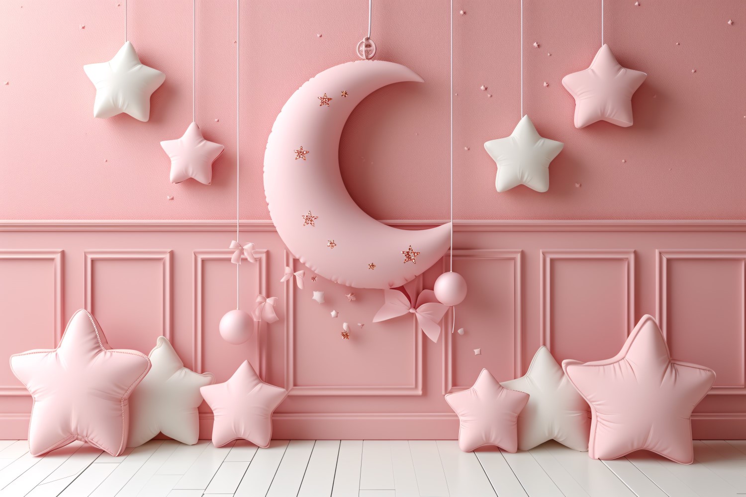 Ramadan greeting banner design with pink and white moon and star