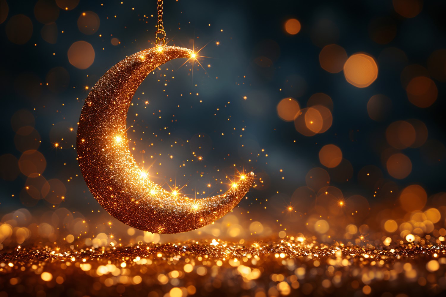 Ramadan greeting banner design with golden moon and glitter and bokeh background