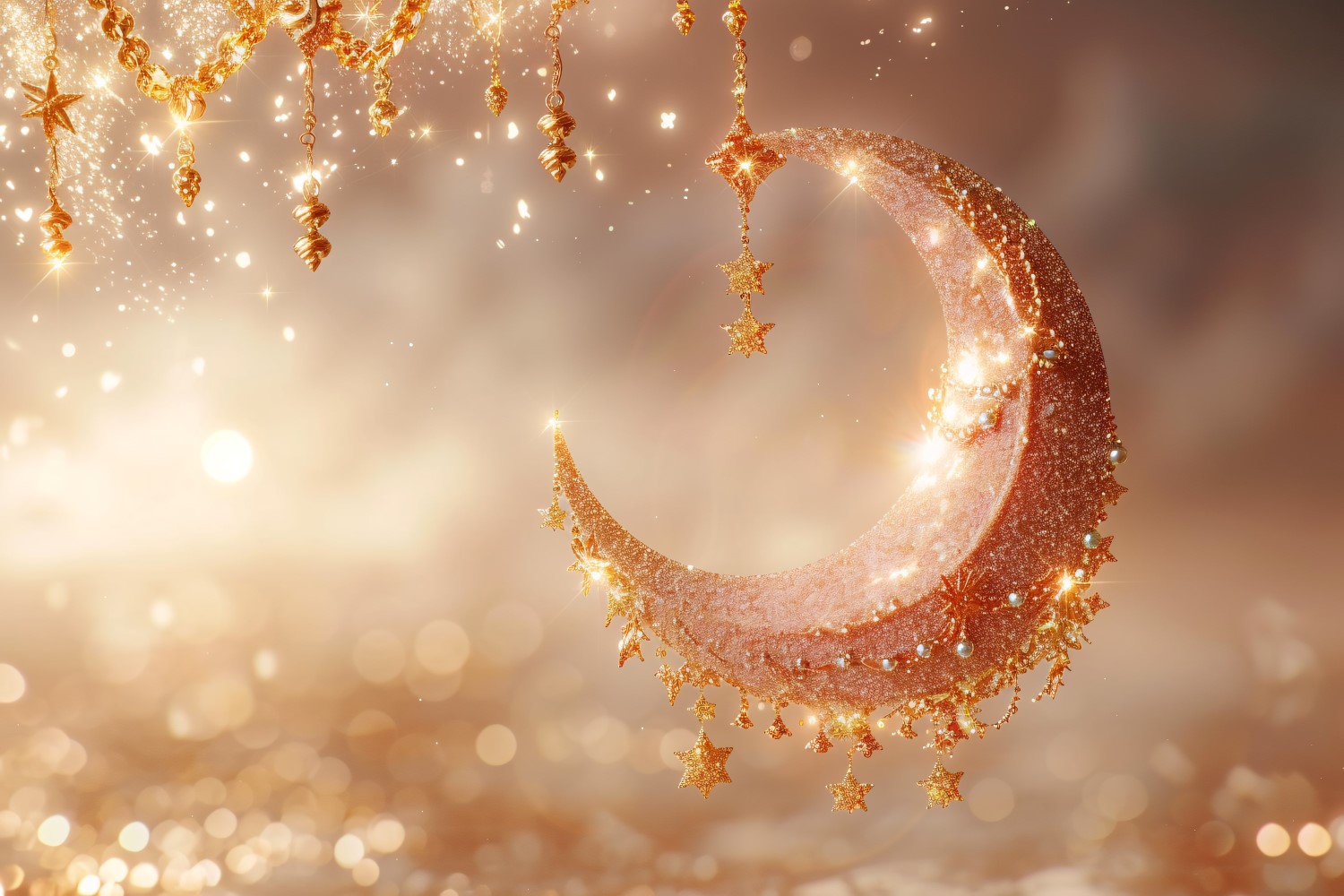 Ramadan Kareem greeting banner design with moon and glitter