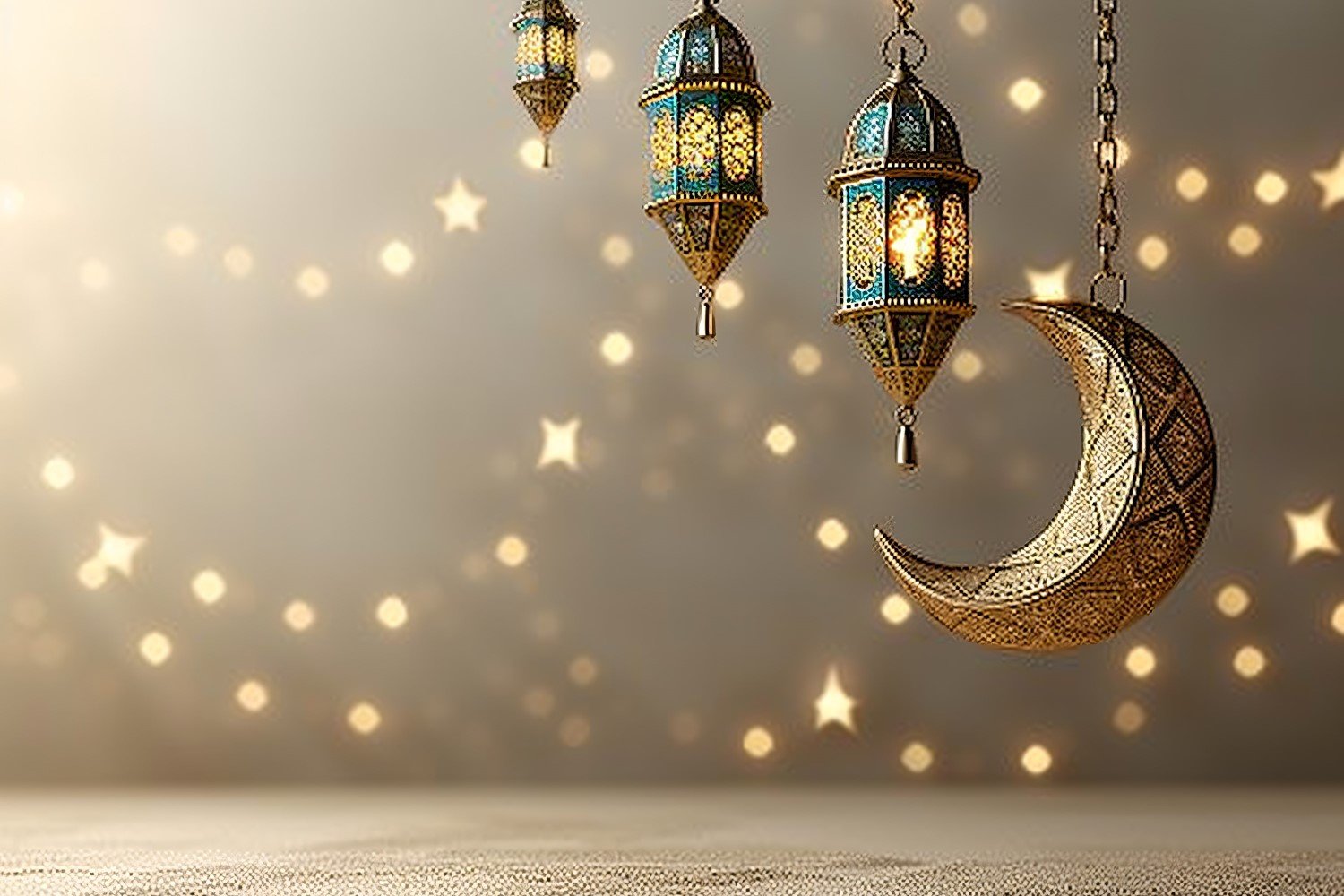 Ramadan Kareem greeting banner design with golden moon and lantern with bokeh