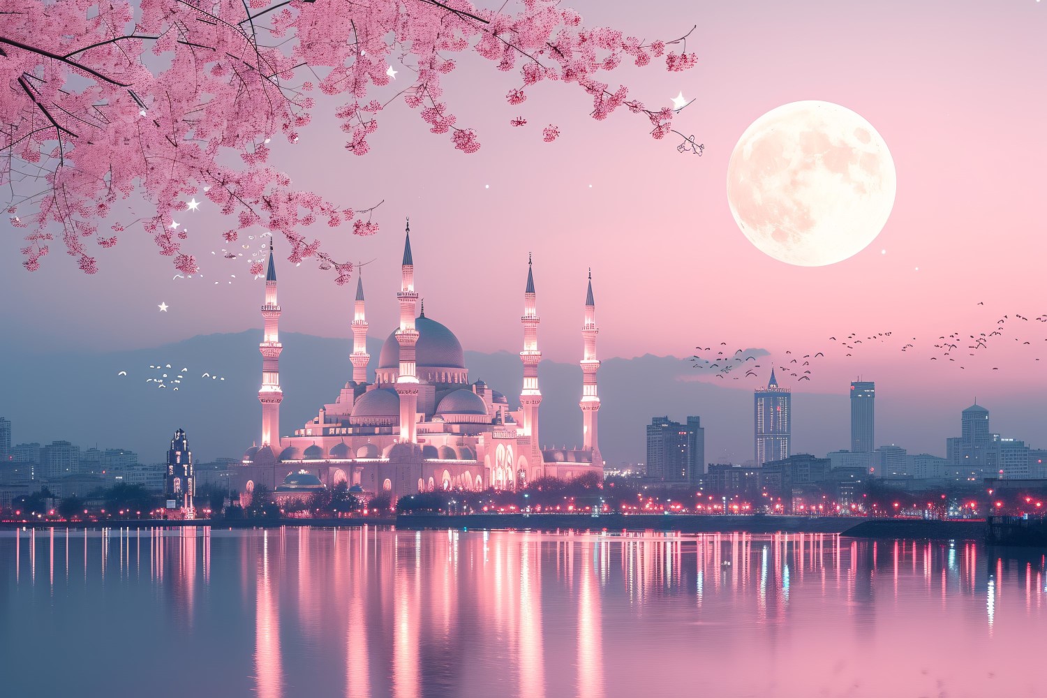 Ramadan Kareem greeting banner design with pink tree and moon with Istanbul mosque minar