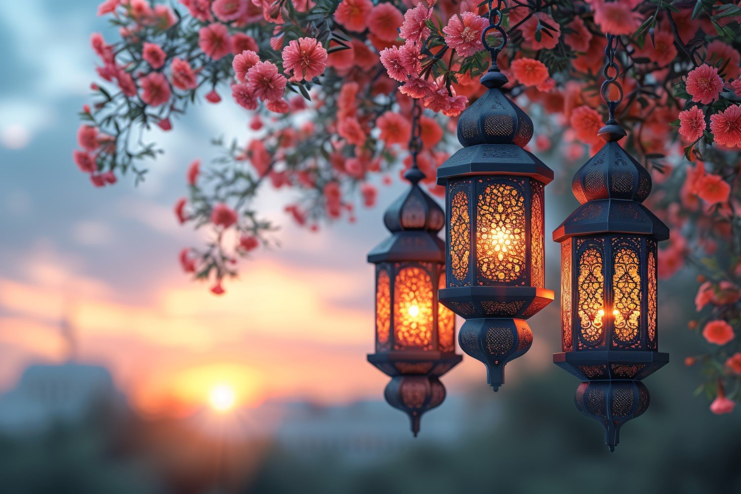 Ramadan Kareem greeting card banner poster design with flower & lantern