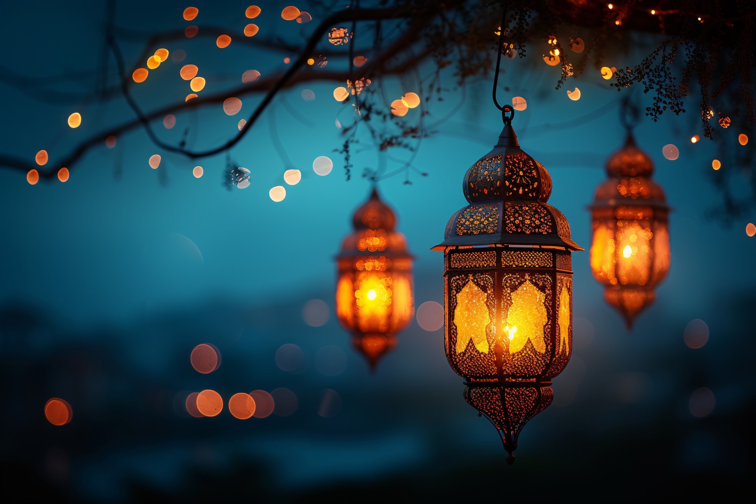 Ramadan Kareem greeting card banner poster design with lantern & bokeh 01