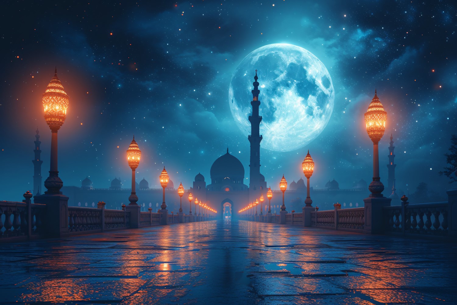 Ramadan Kareem greeting card banner poster design with road light and mosque with moon