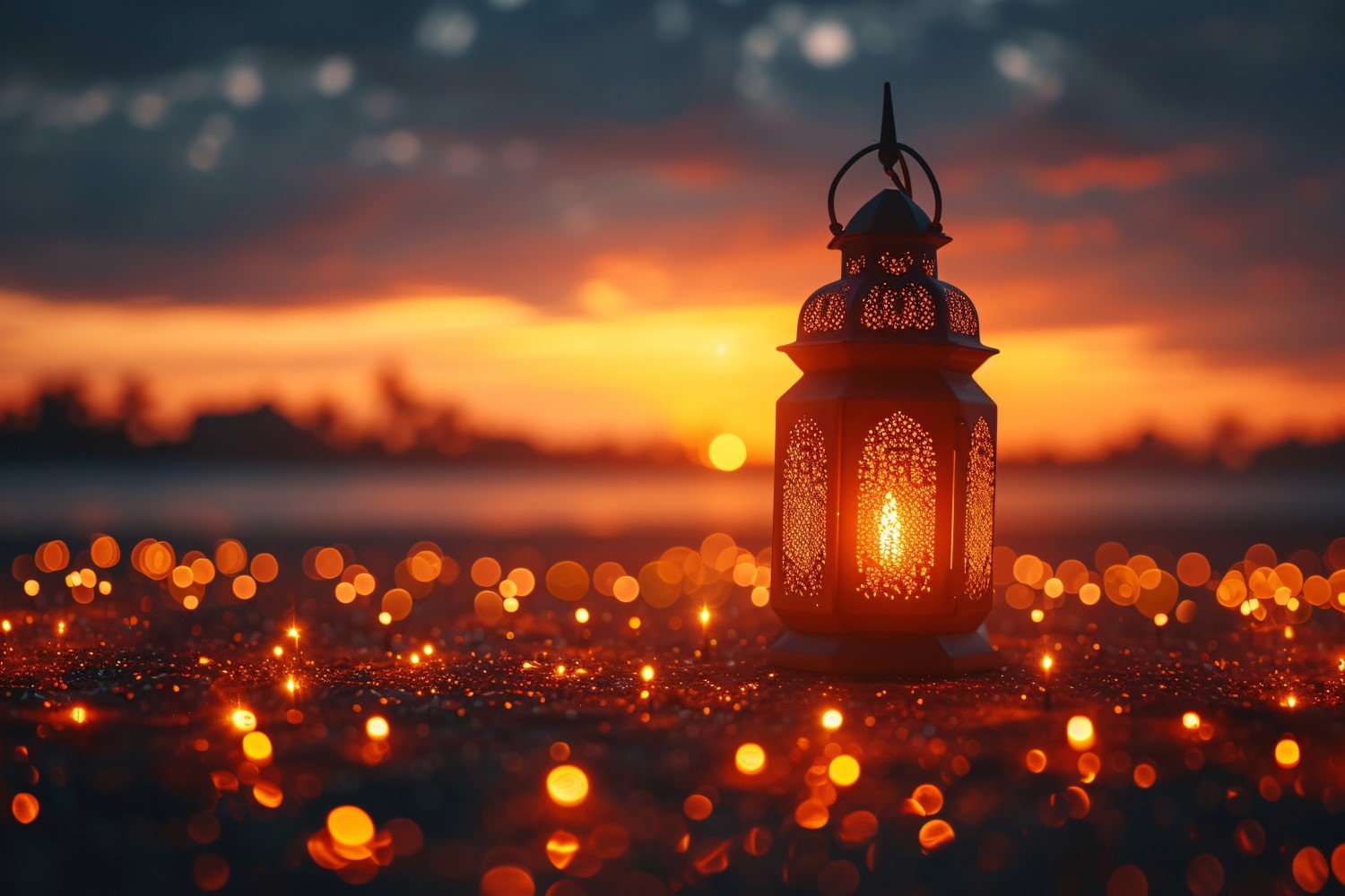 Ramadan Kareem greeting card banner poster design with lantern & bokeh 07