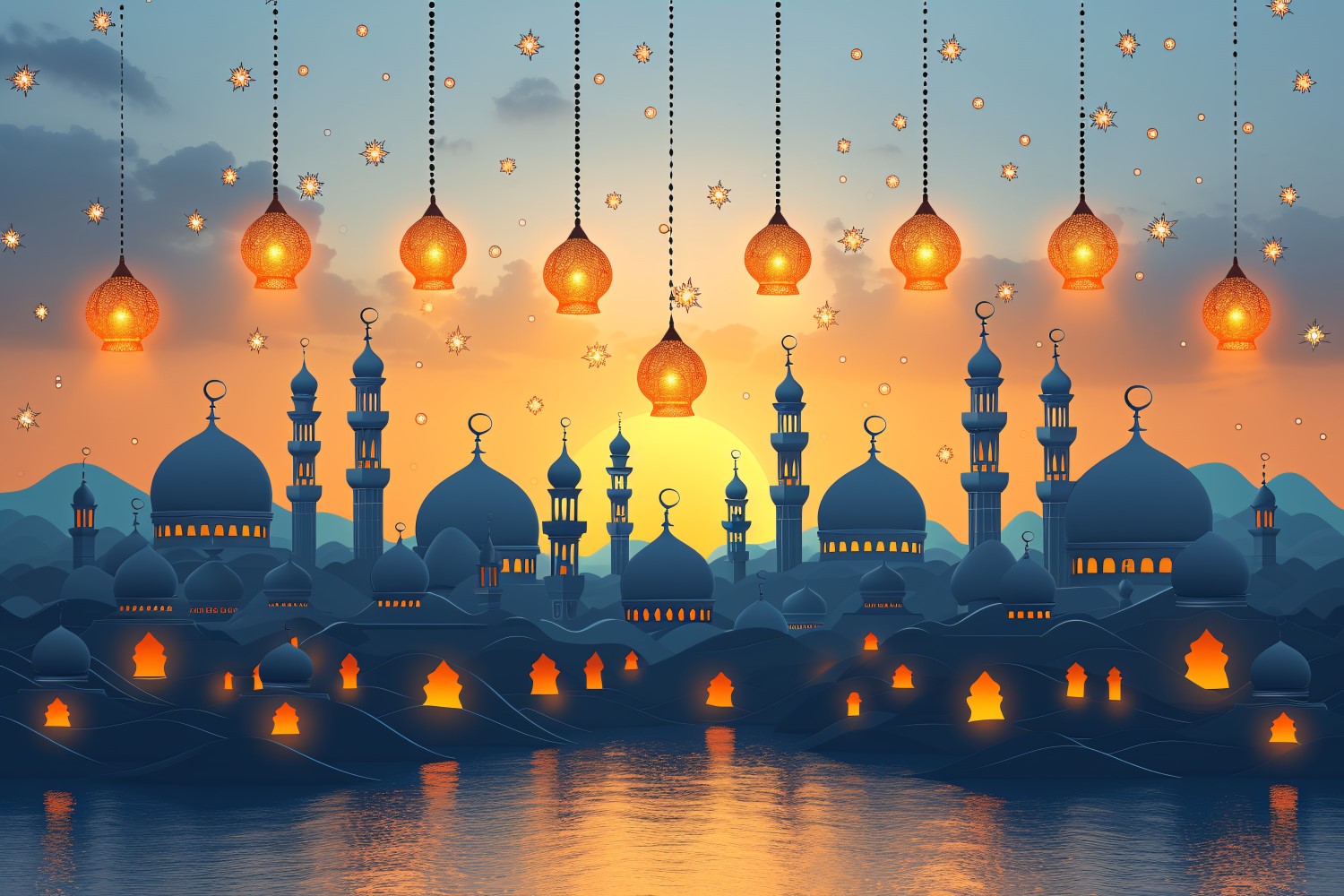 Ramadan Kareem greeting card banner poster design with lantern & mosque 02