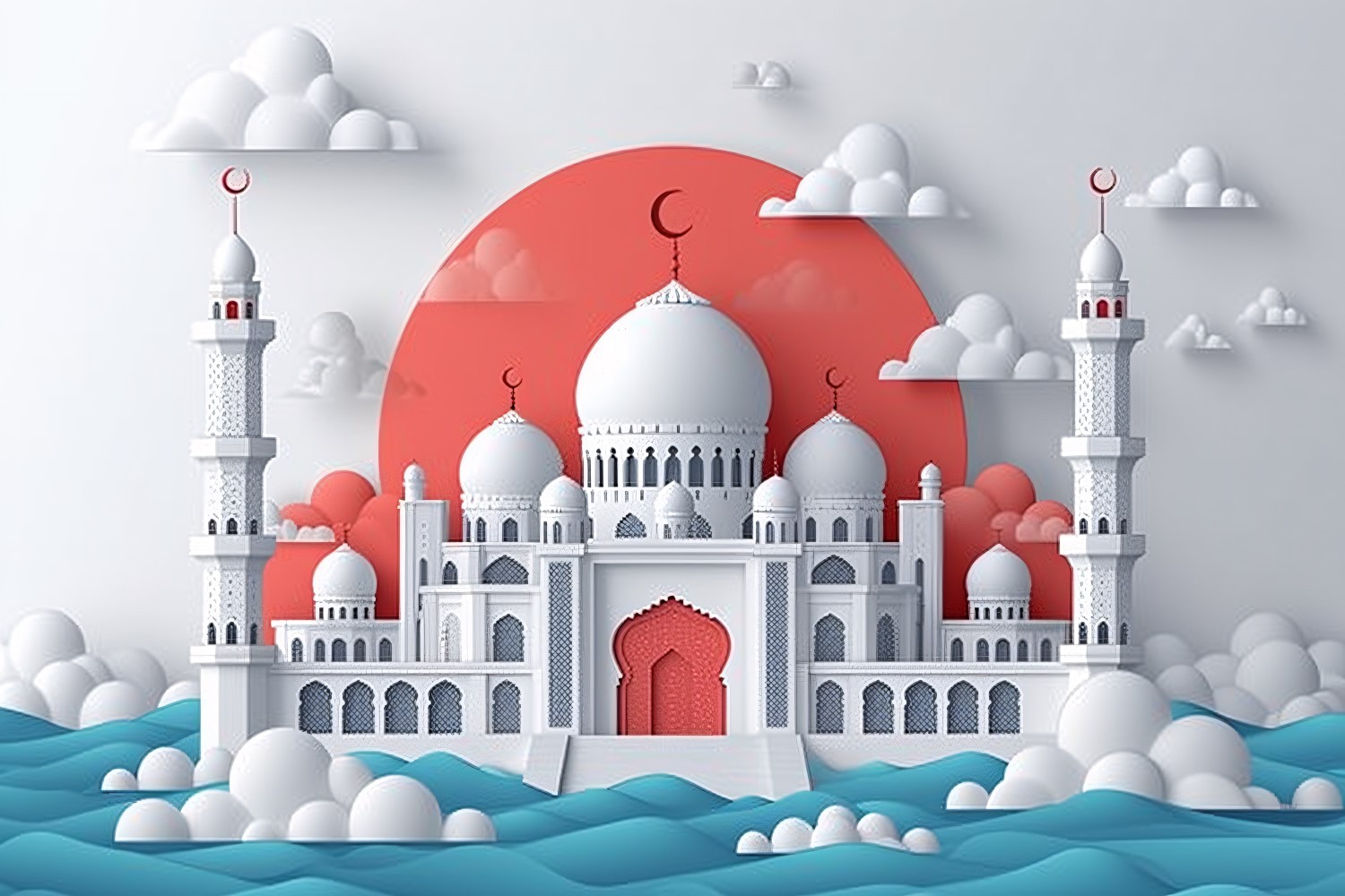 Ramadan Kareem greeting card banner poster design with mosque and cloud