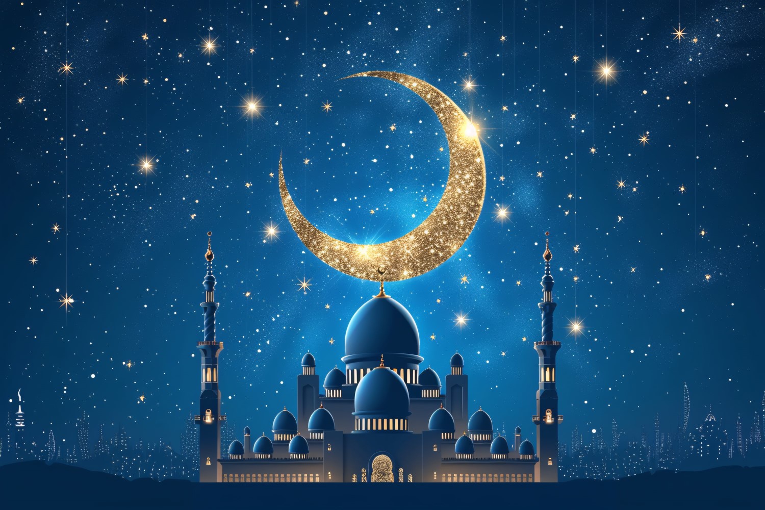 Ramadan Kareem greeting card banner poster design with golden moon and mosque