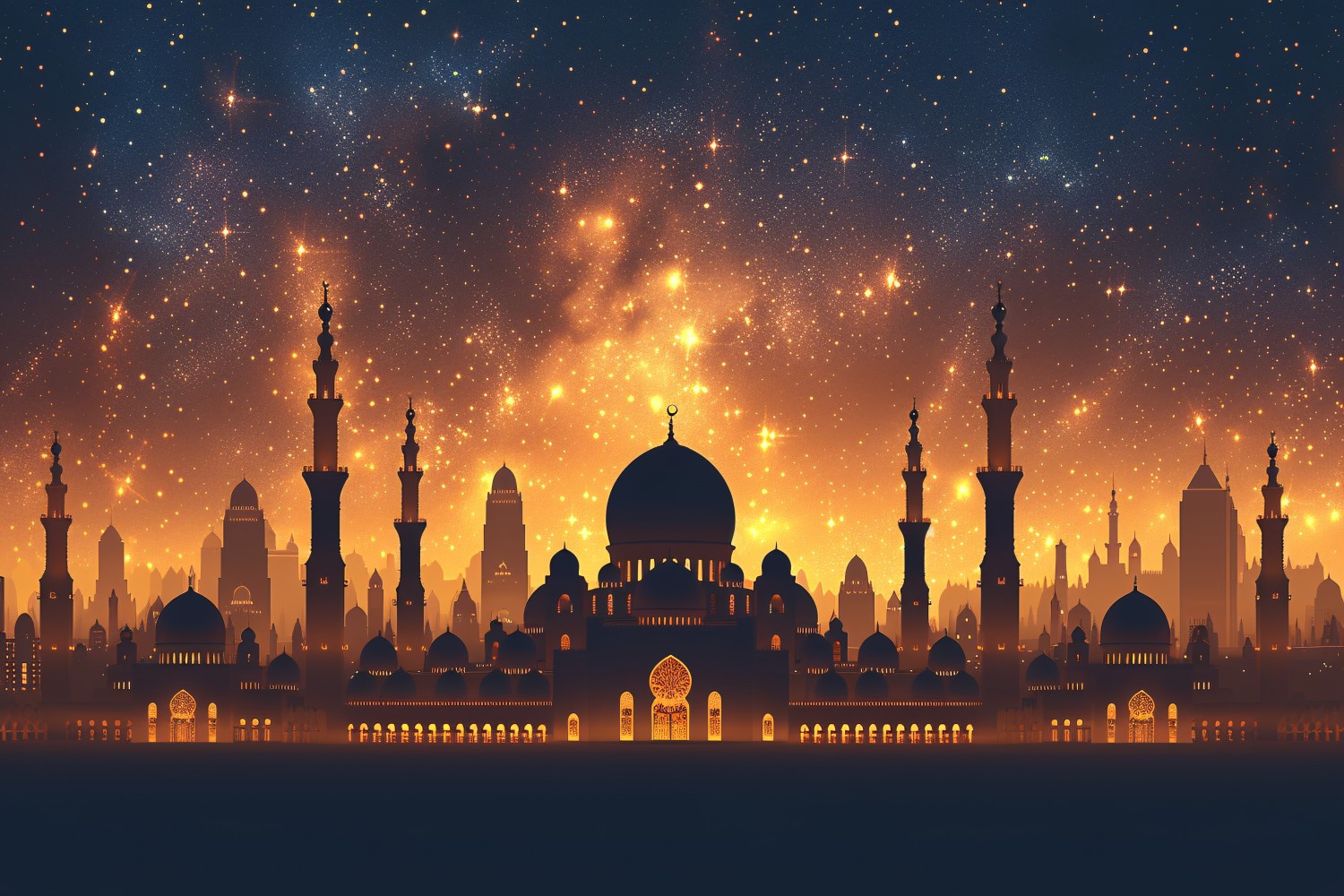 Ramadan Kareem greeting card banner poster design with mosque & galaxy