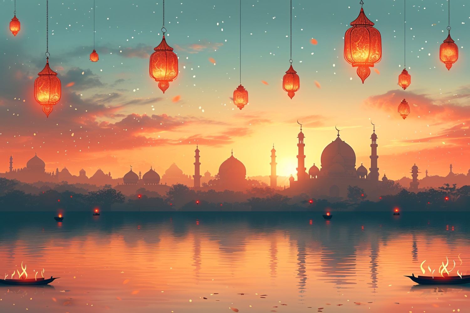 Ramadan Kareem greeting card banner design with lantern & mosque