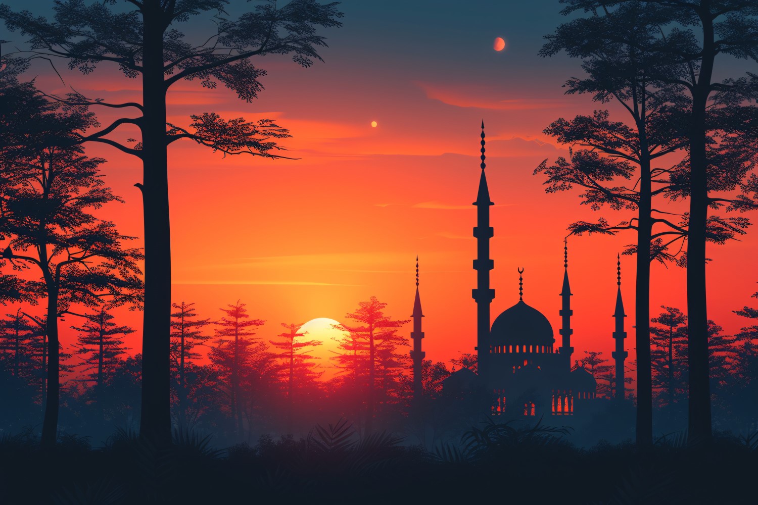 Ramadan Kareem greeting card banner design with trees & mosque minar and sunset 02