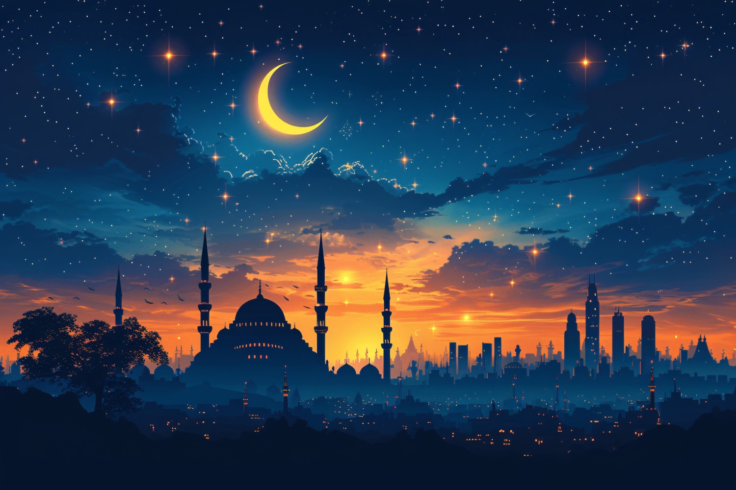 Ramadan Kareem greeting card banner design with moon & desert