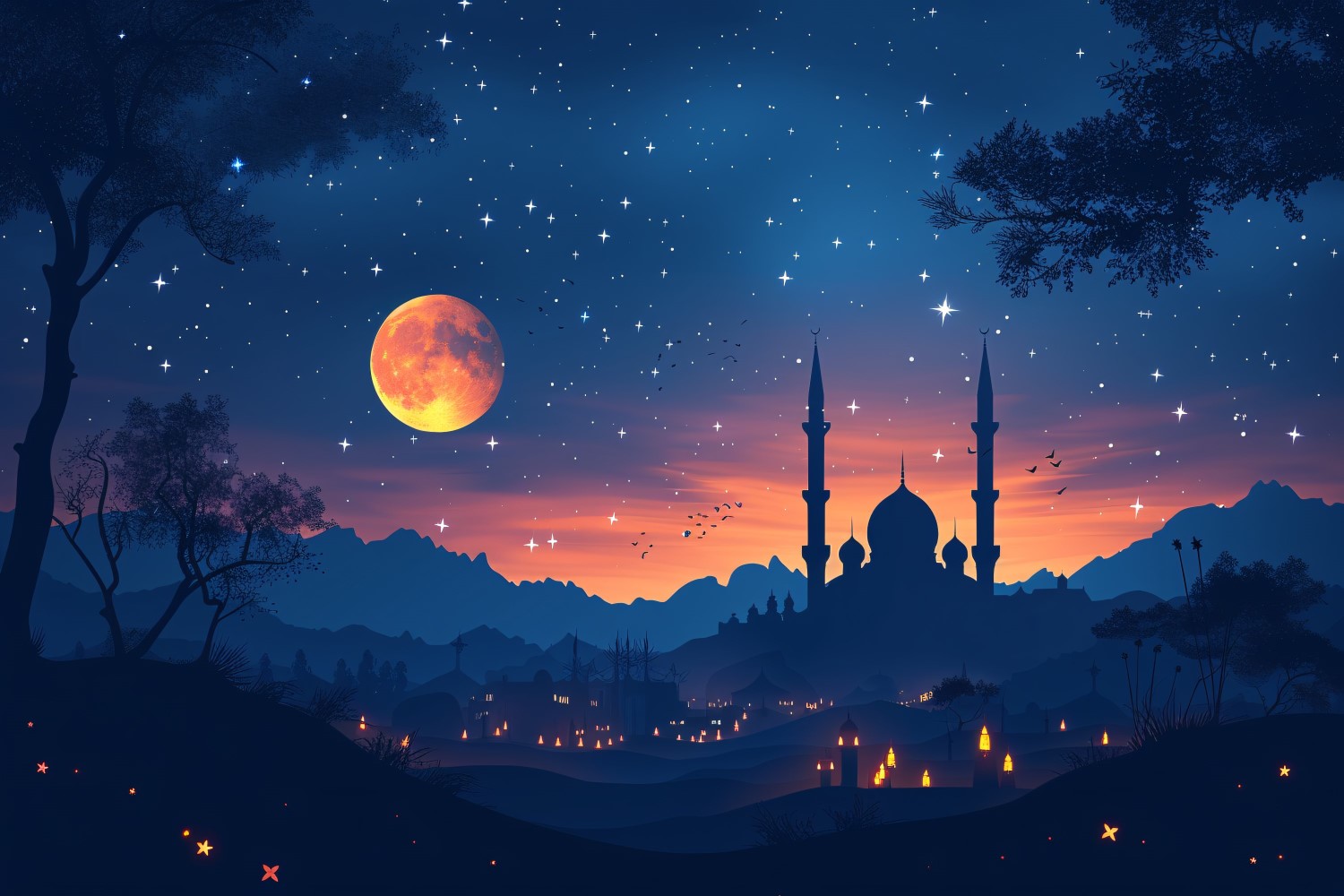Ramadan Kareem greeting card banner design with moon & mosque minar