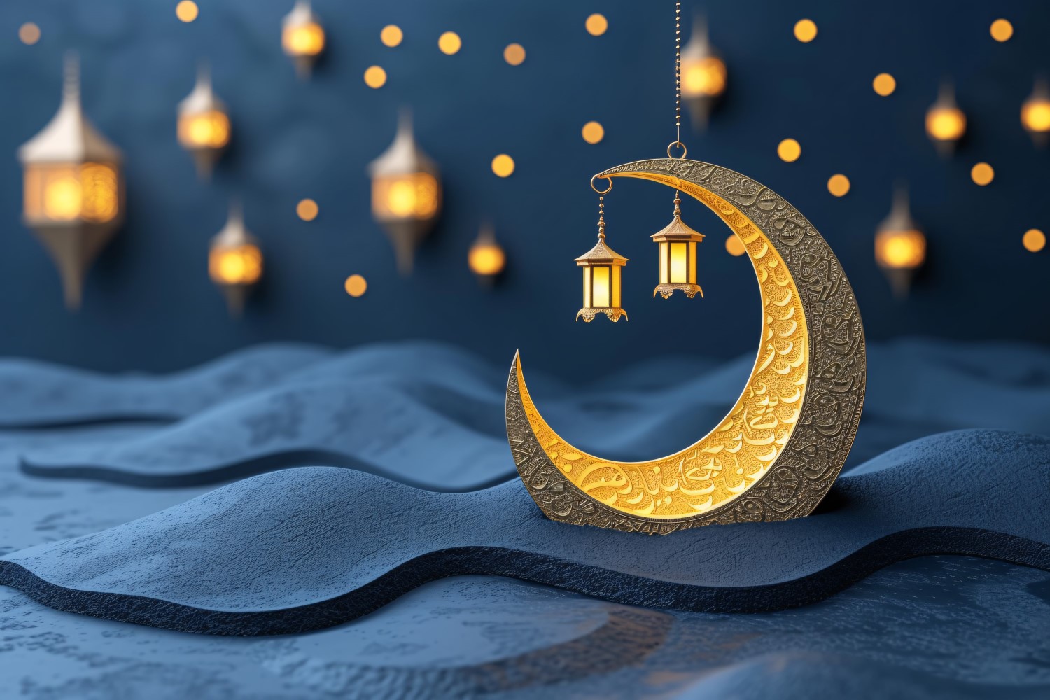 Ramadan Kareem greeting card banner design with golden moon and lantern