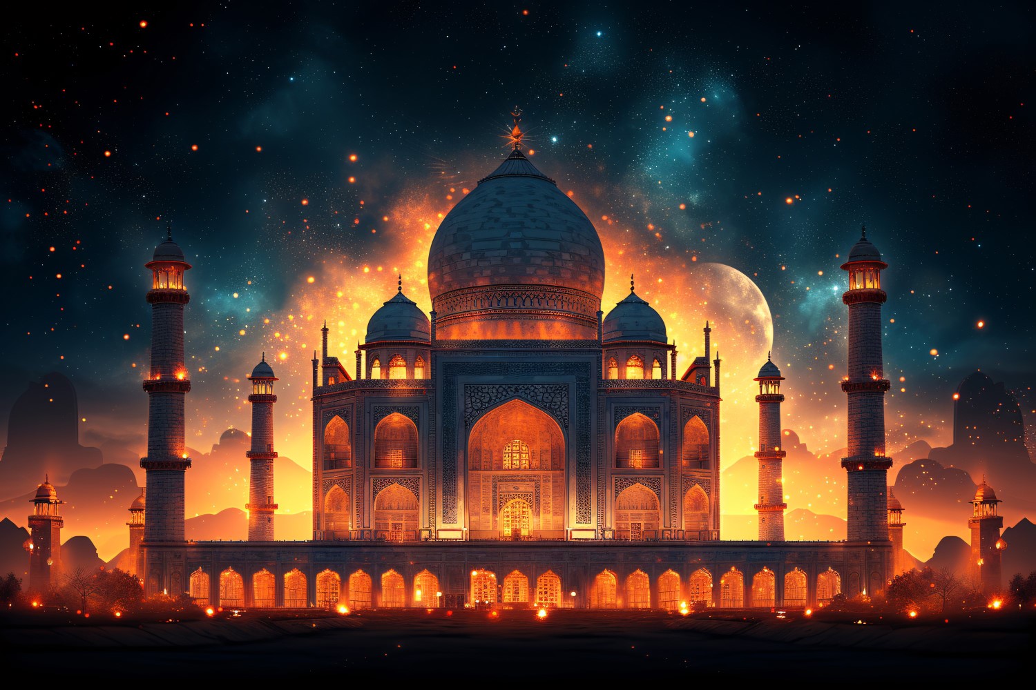 Ramadan Kareem greeting card banner design with mosque & glitter