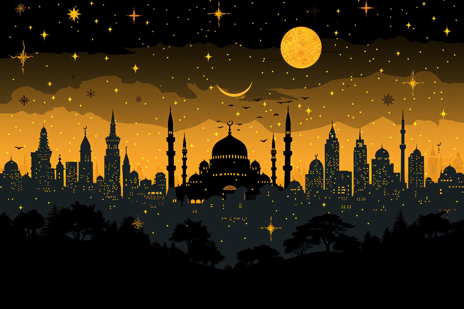 Ramadan Kareem greeting card banner design with moon & mosque and star