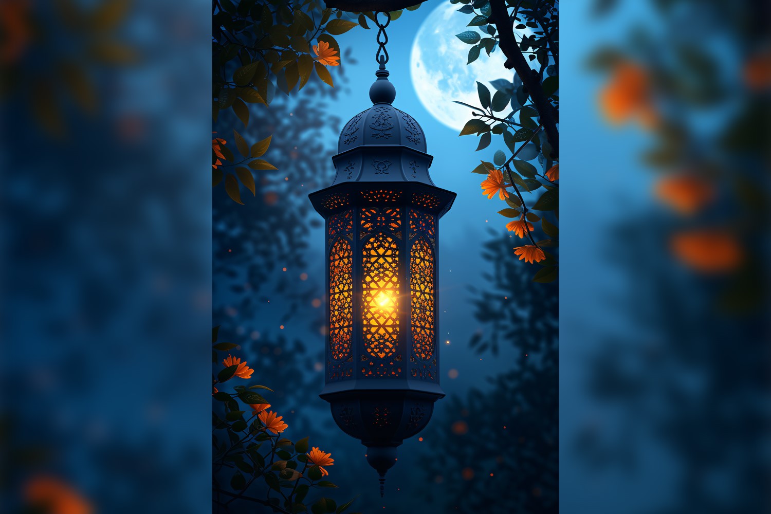 Ramadan Kareem greeting card poster design with lantern & flower