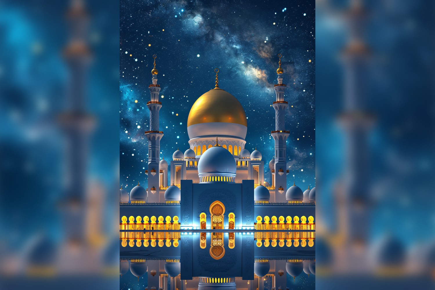 Ramadan Kareem greeting card poster design with mosque & star