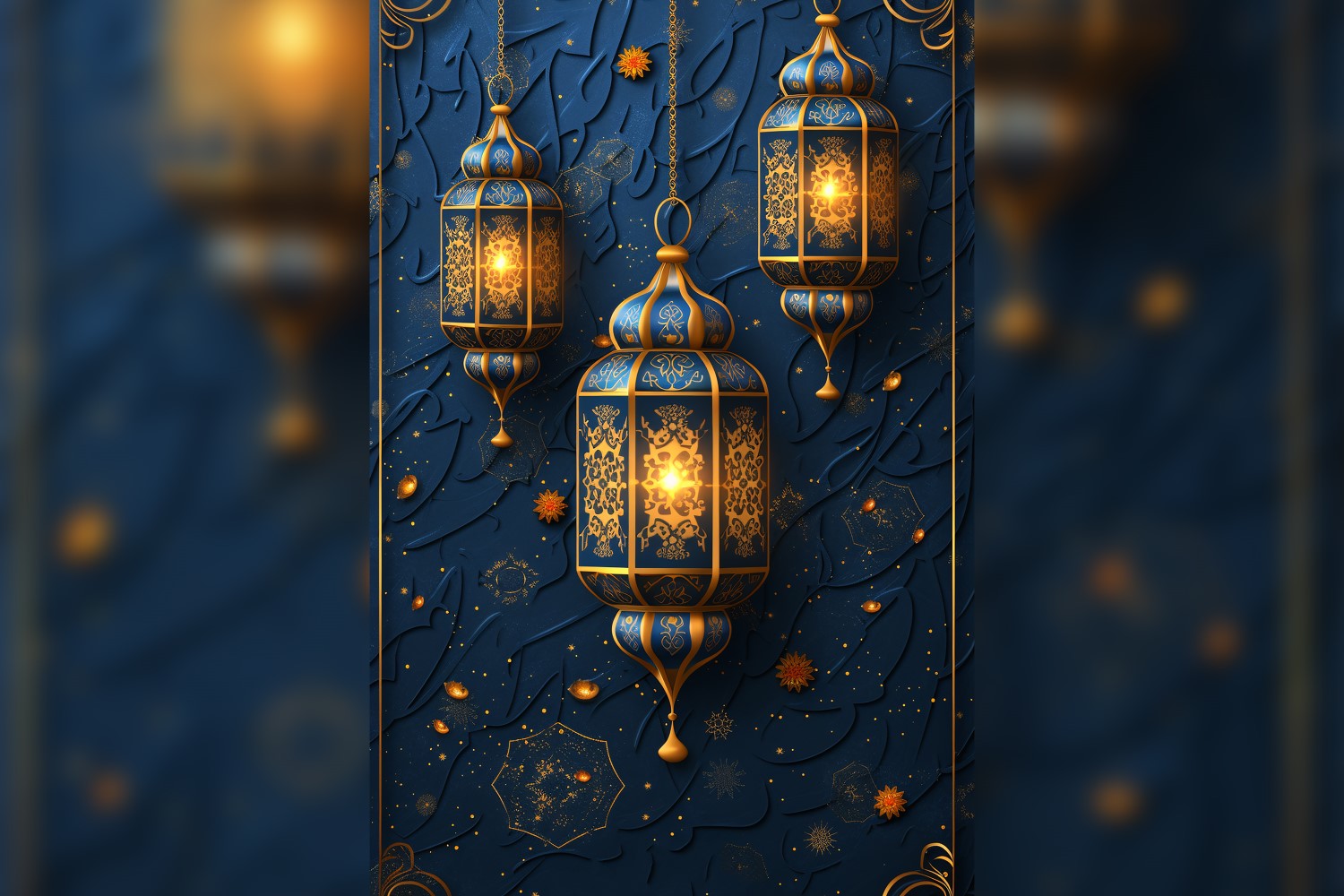Ramadan Kareem greeting card poster design with lantern on the leather background