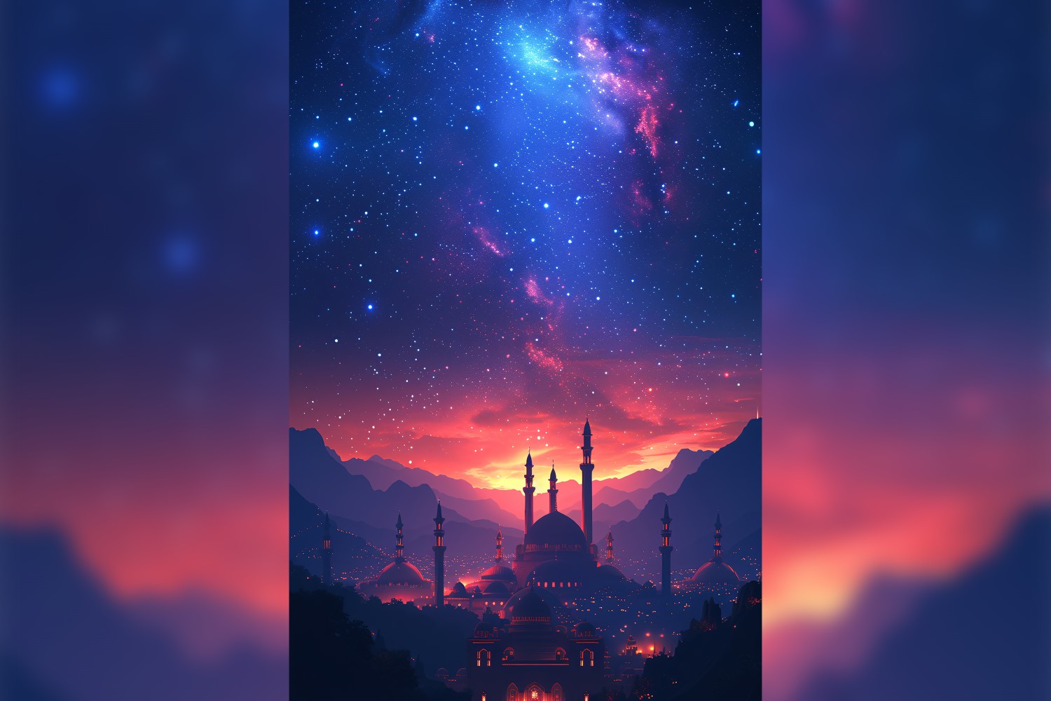 Ramadan Kareem greeting card poster design with galaxy & mosque