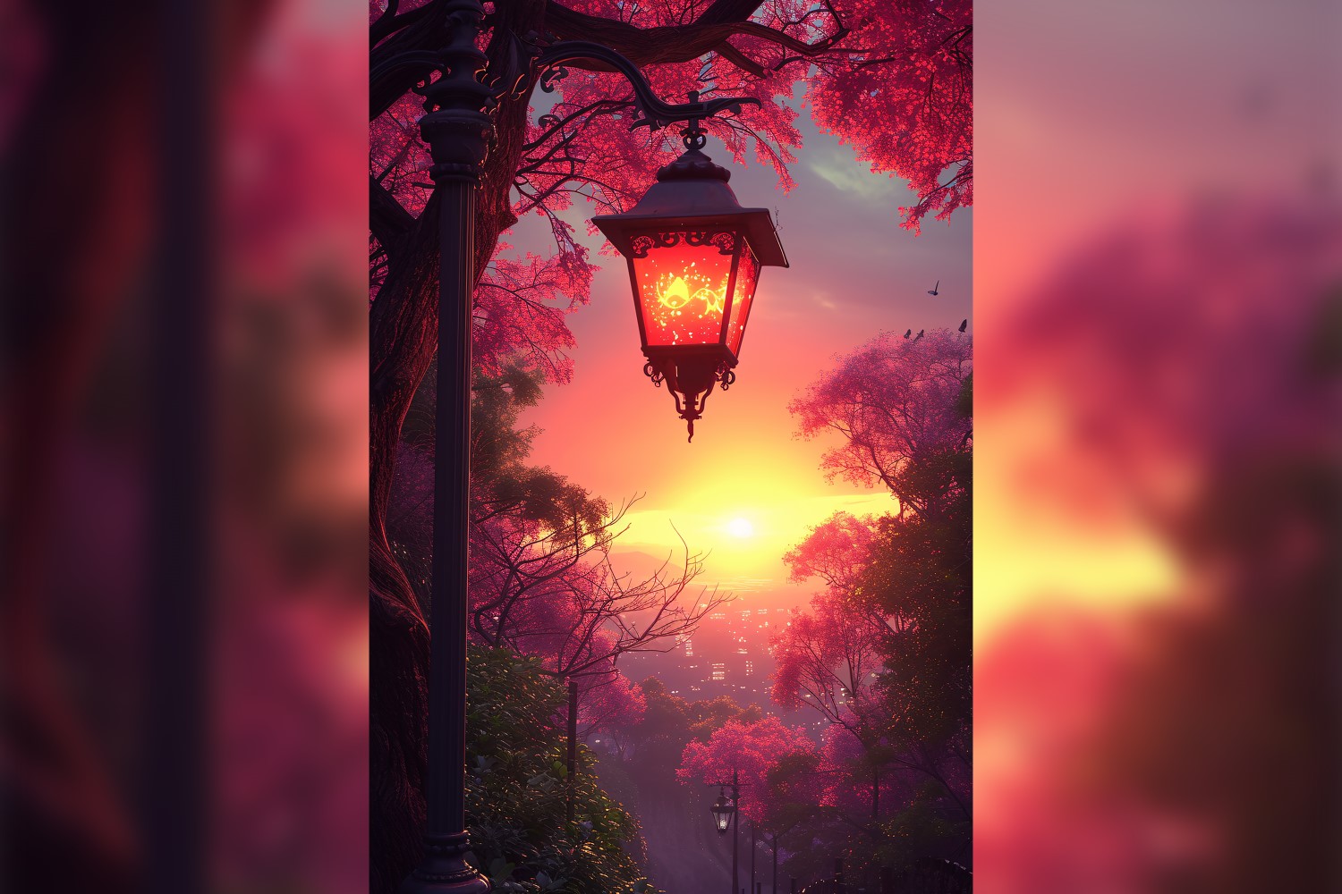 Ramadan Kareem greeting card poster design with lantern & trees background