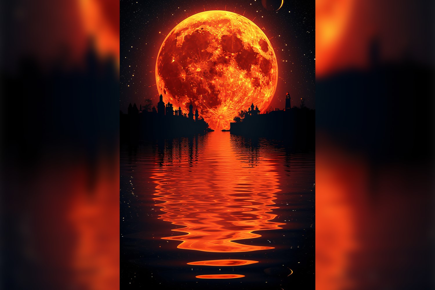 Ramadan Kareem greeting card poster design with reddish moon background