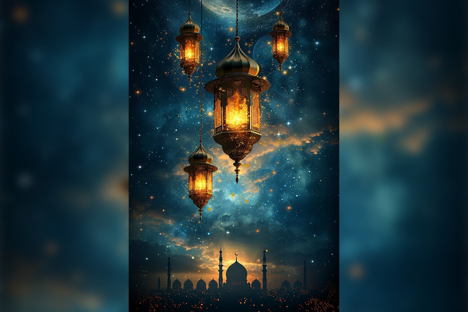 Ramadan Kareem greeting card poster design with lantern & mosque minar