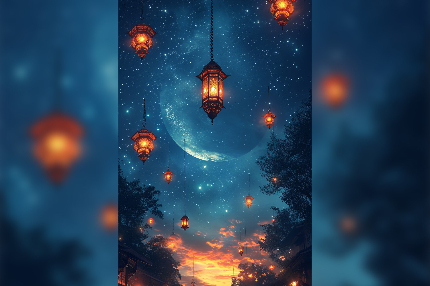 Ramadan Kareem greeting card poster design with lantern & star background