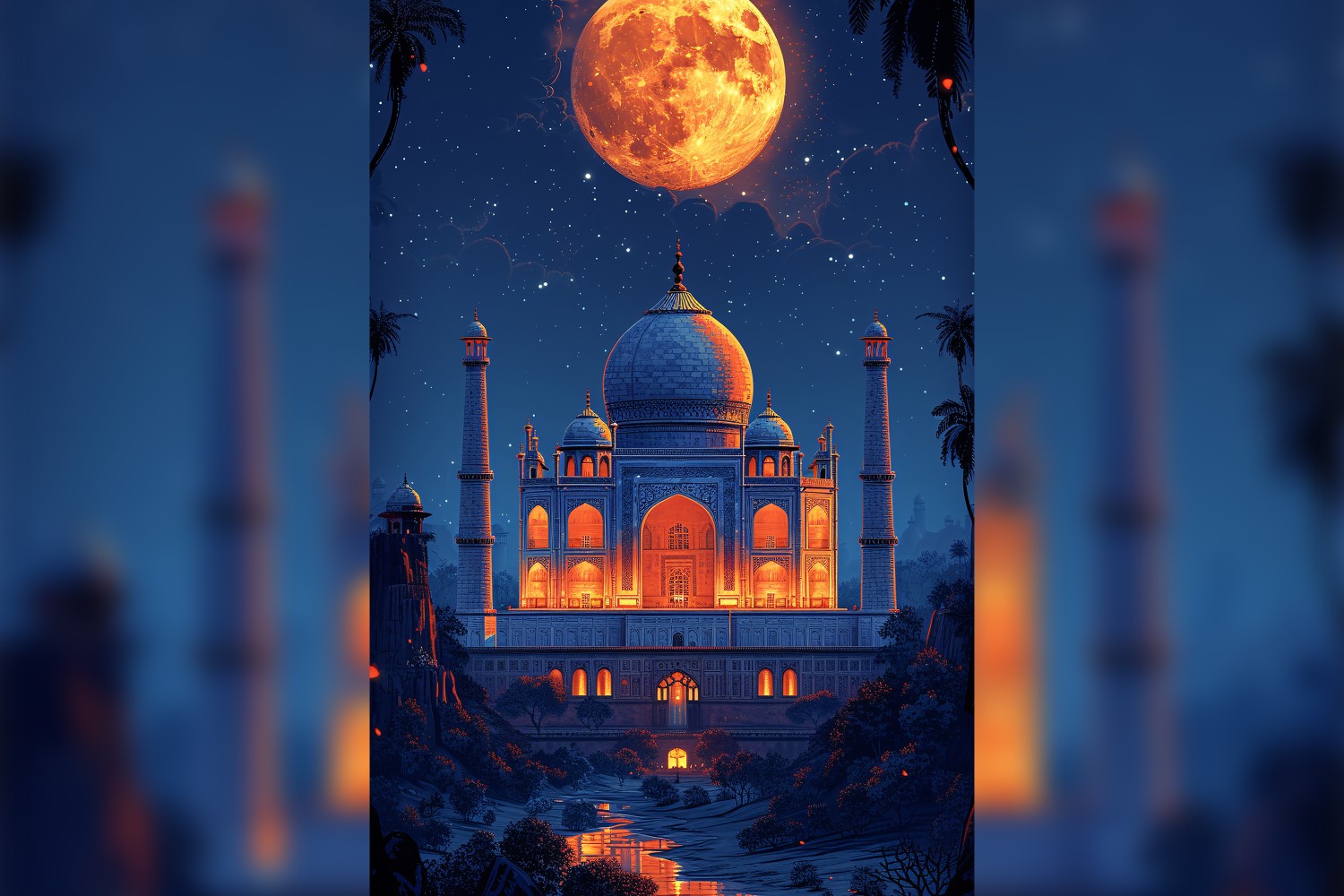 Ramadan Kareem greeting card poster design with mosque and moon