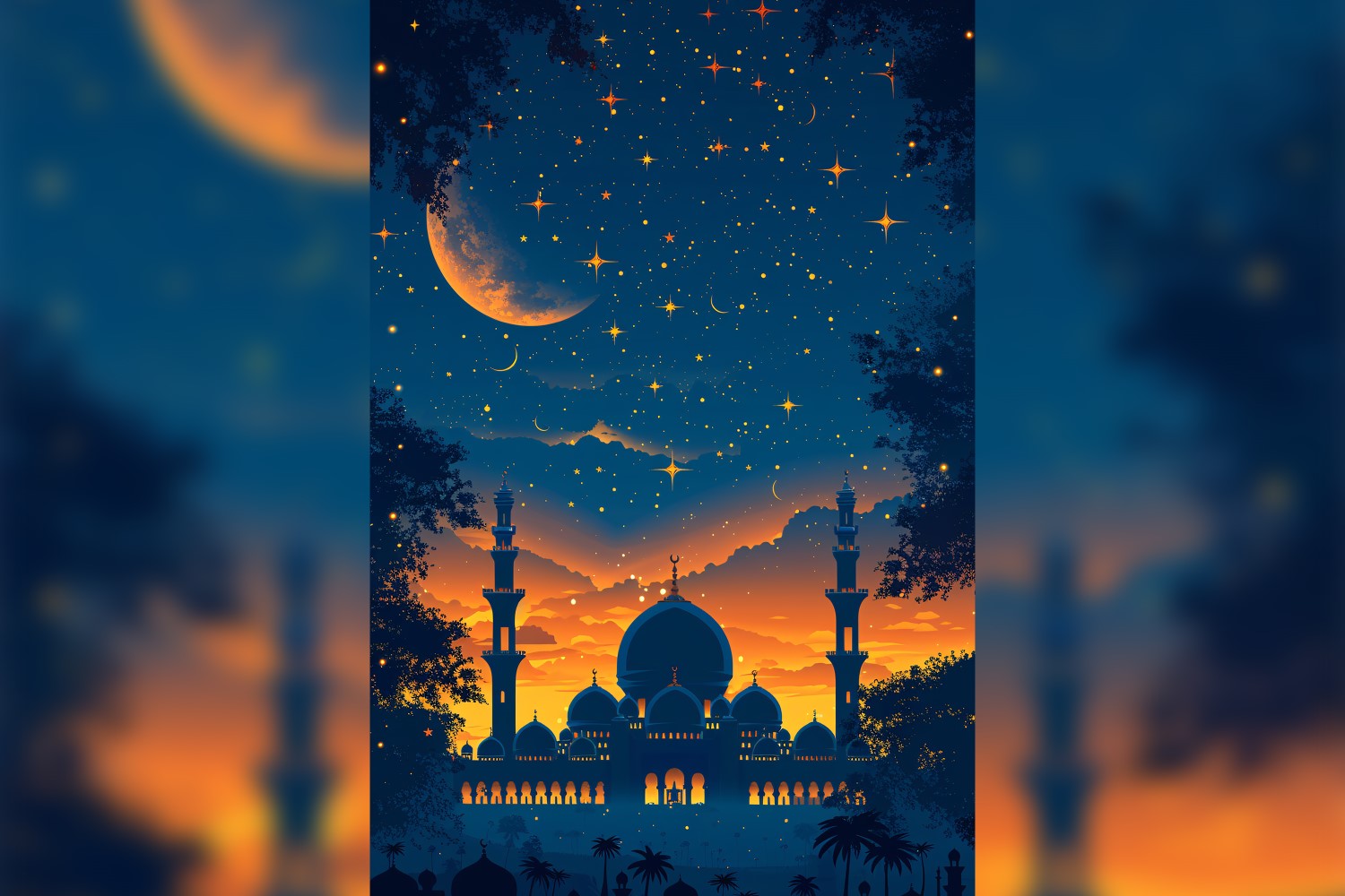 Ramadan Kareem greeting card poster design with moon & mosque background