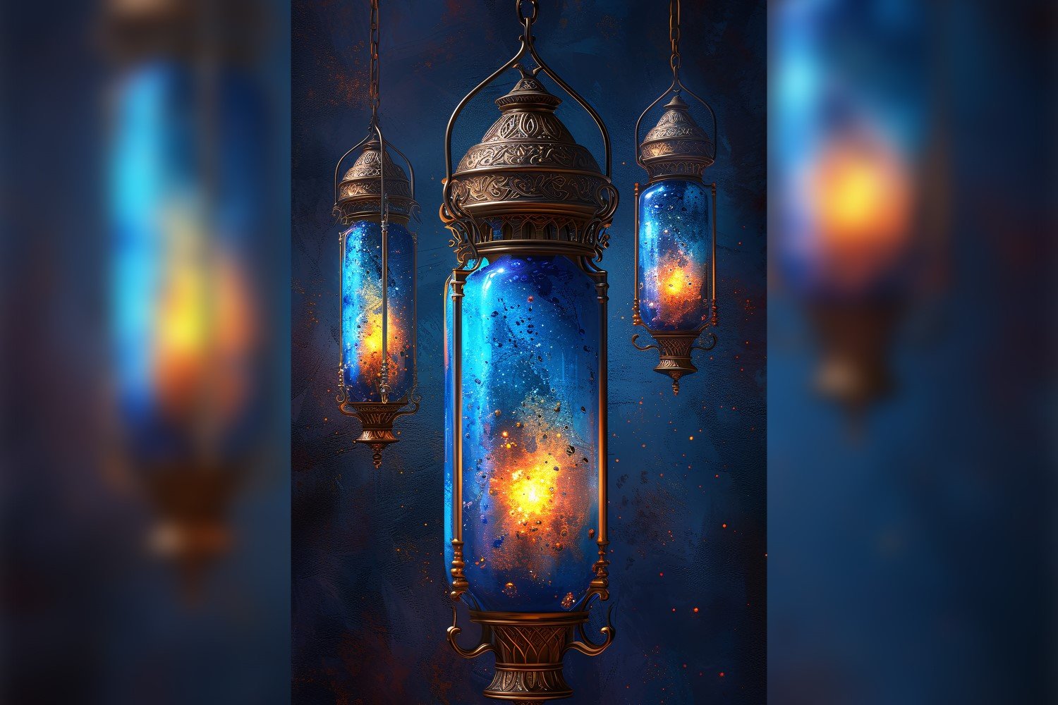 Ramadan Kareem greeting card poster design with lanterns background