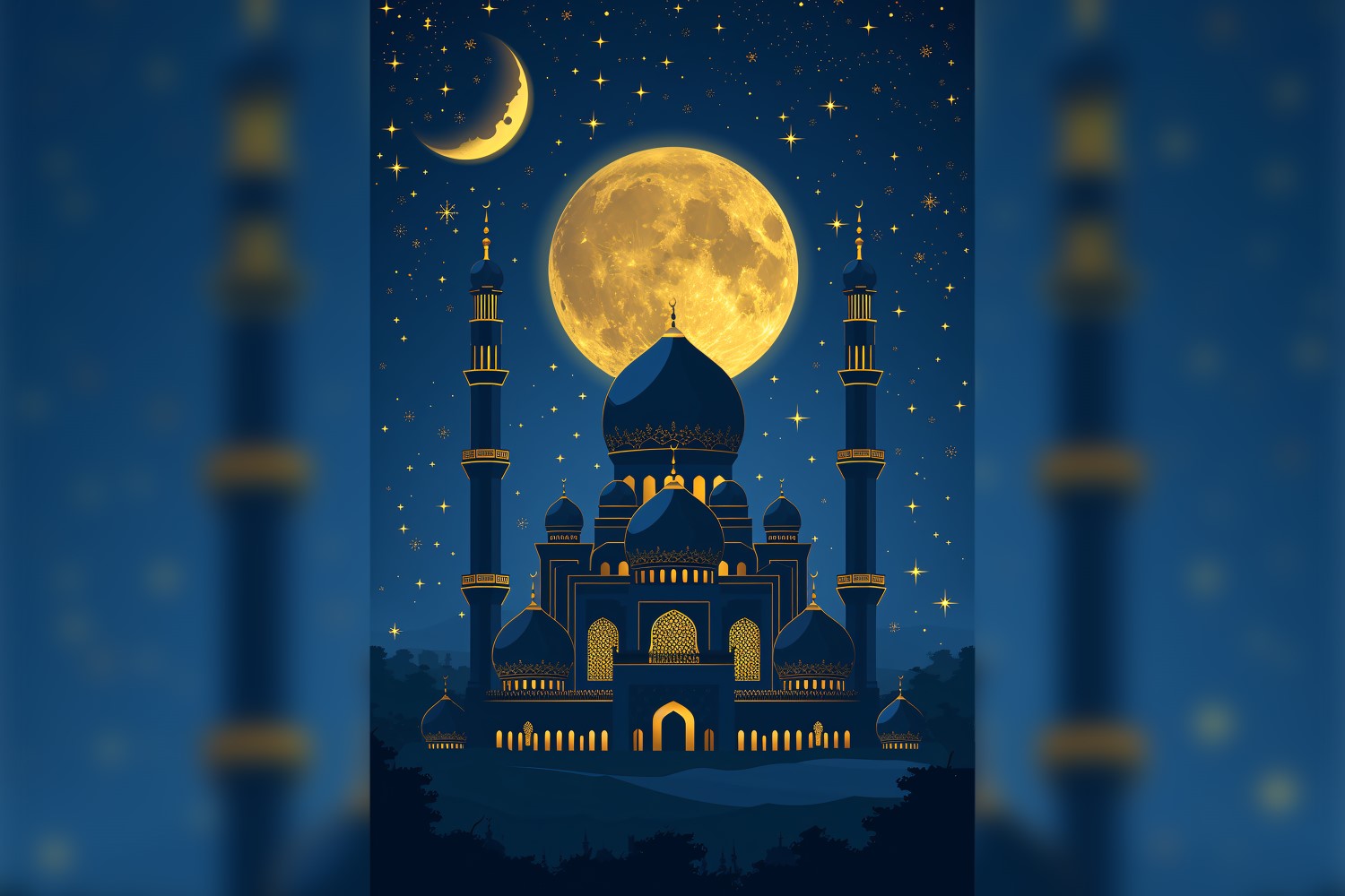 Ramadan Kareem greeting card poster design with moon & mosque