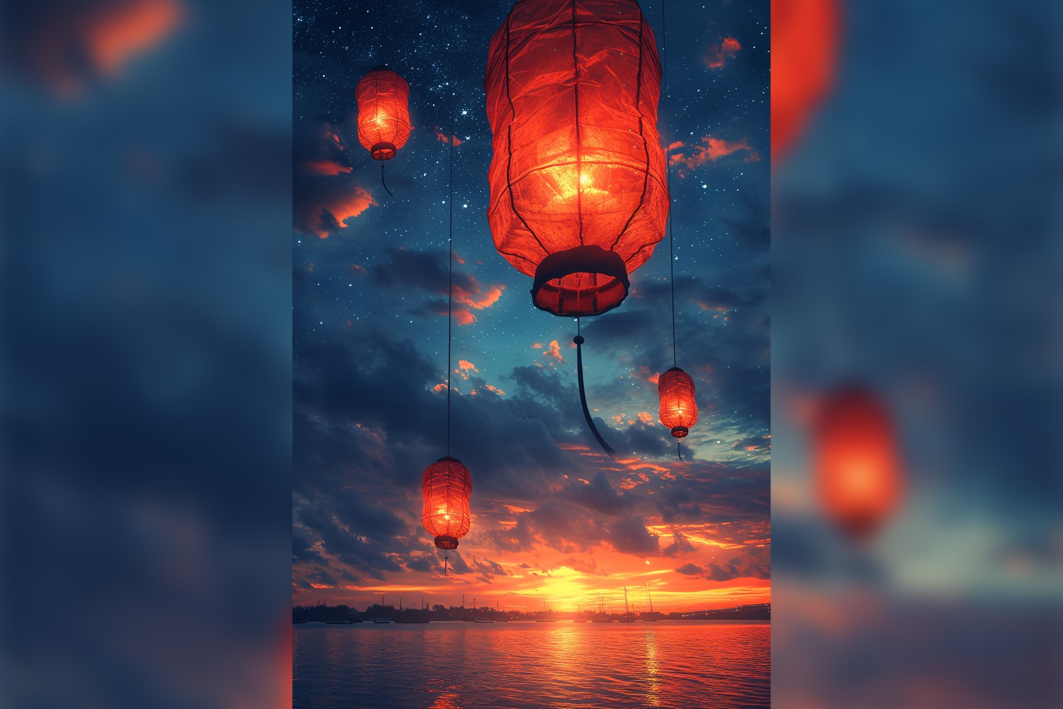 Ramadan Kareem greeting card poster design with lantern and sky