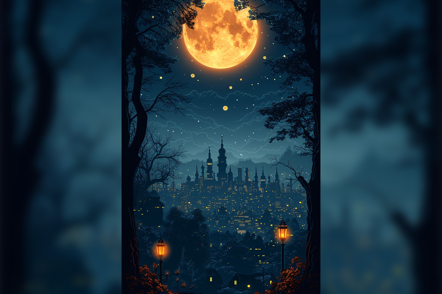 Ramadan Kareem greeting card poster design with moon & trees