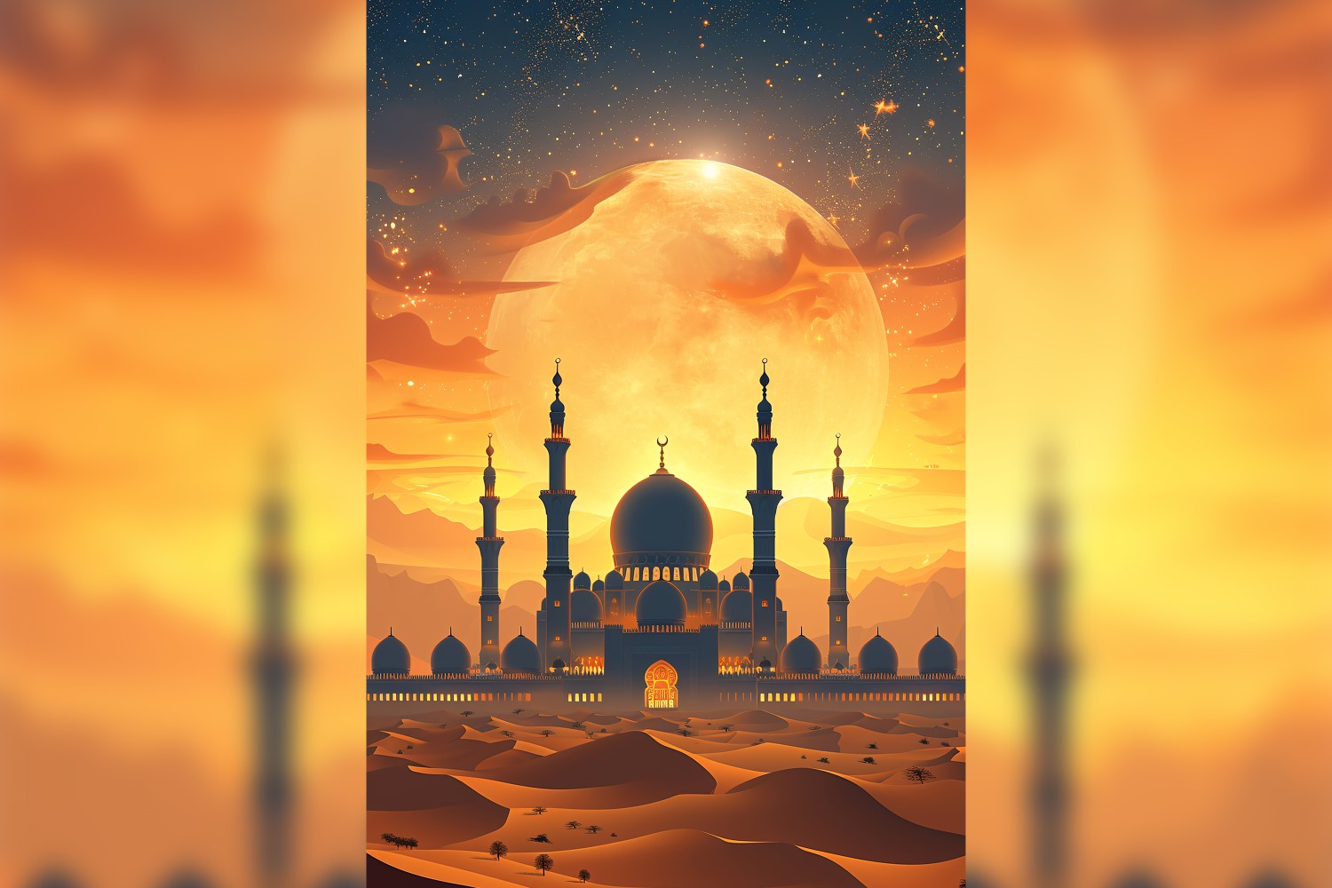 Ramadan Kareem greeting card poster design with mosque & moon and desert
