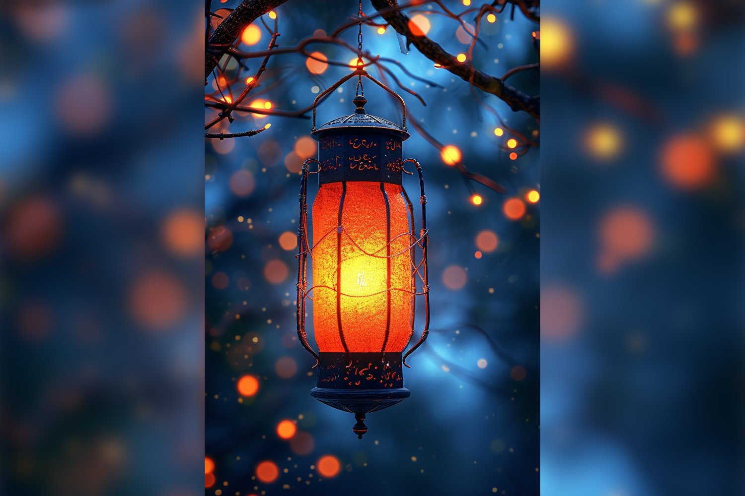 Ramadan Kareem greeting card poster design with lantern & bokeh