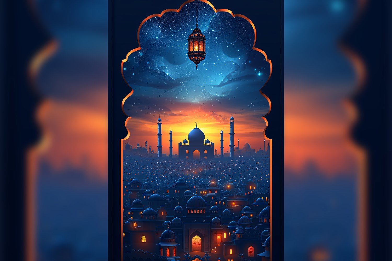 Ramadan Kareem greeting card poster design with lantern & mosque