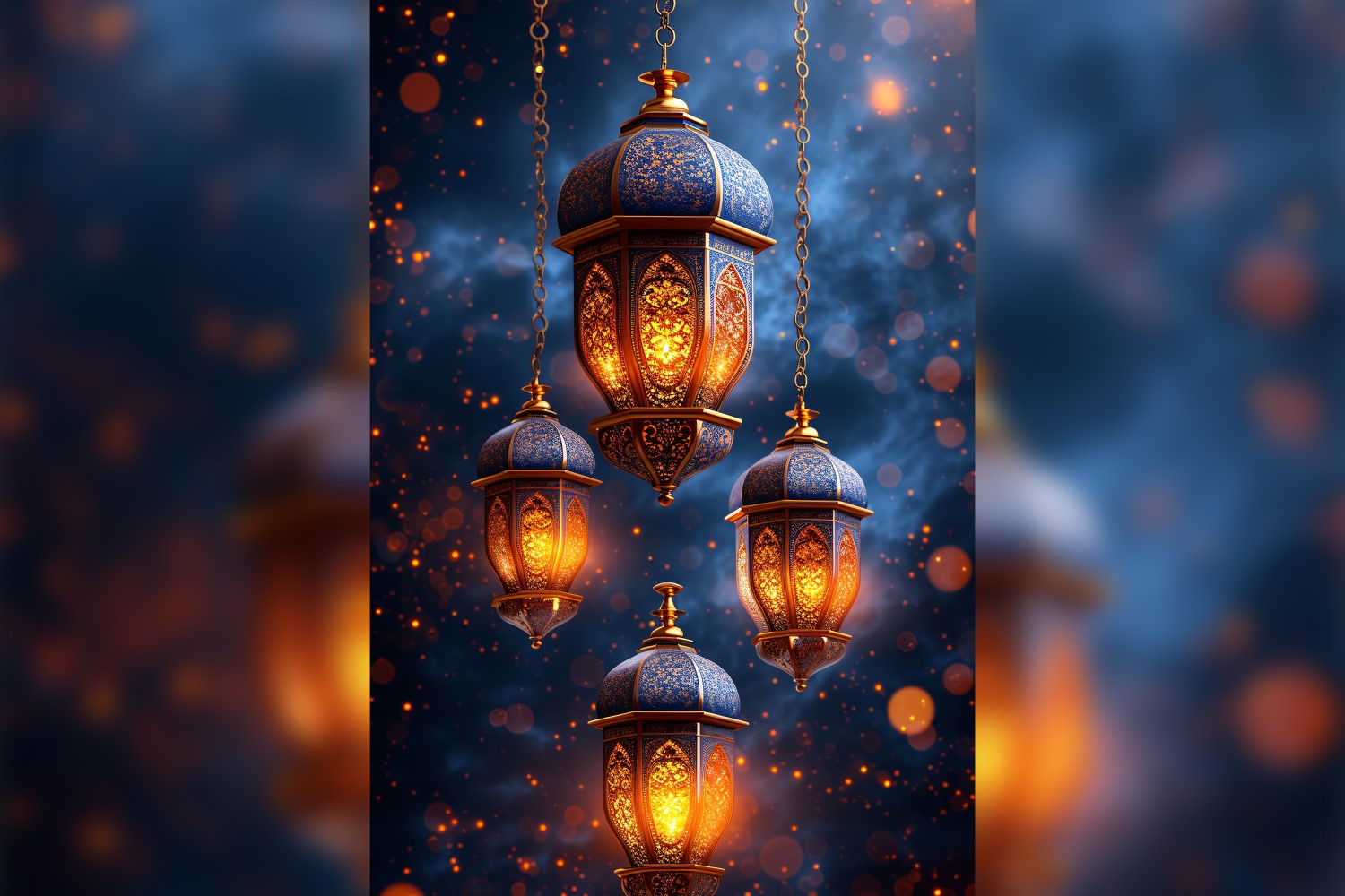 Ramadan Kareem greeting card poster design with lantern & bokeh background