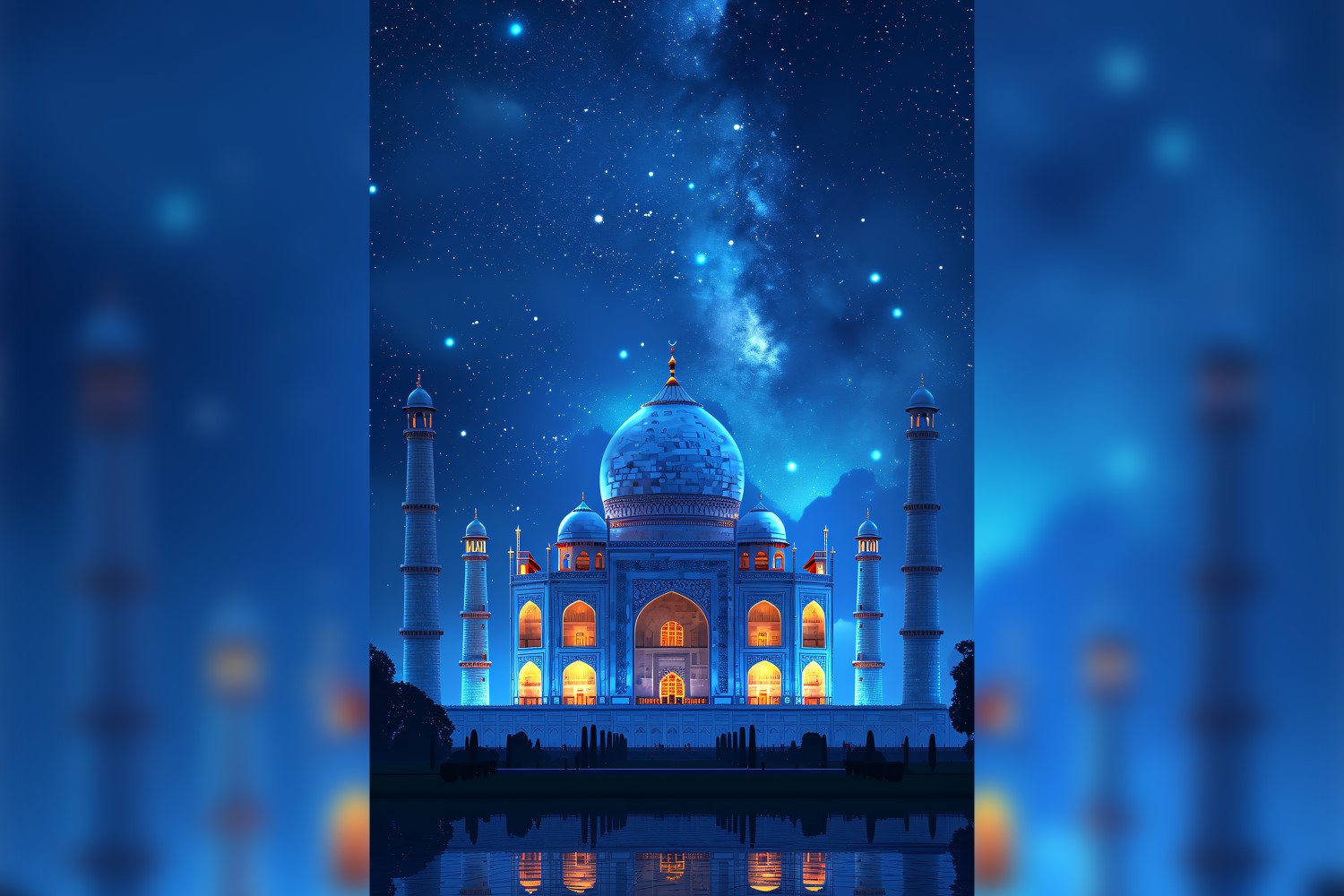 Ramadan Kareem greeting card poster design with mosque & star background