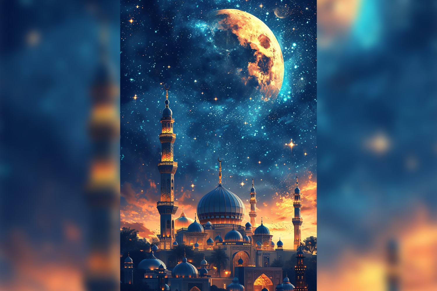 Ramadan Kareem greeting card poster design with mosque & moon background