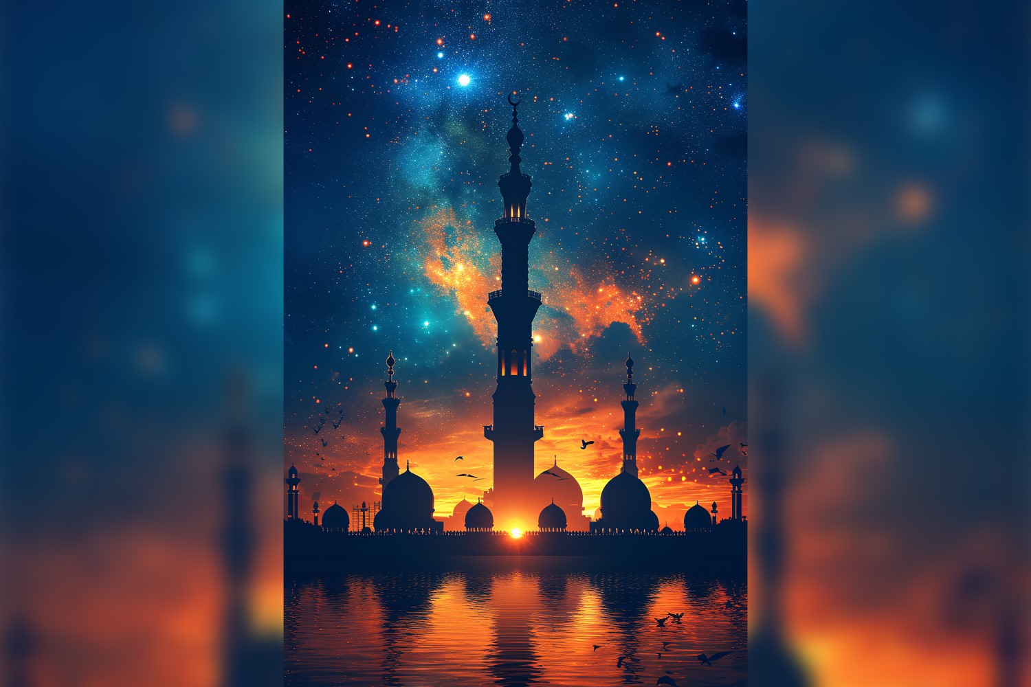 Ramadan Kareem greeting card poster design with mosque & star background 01