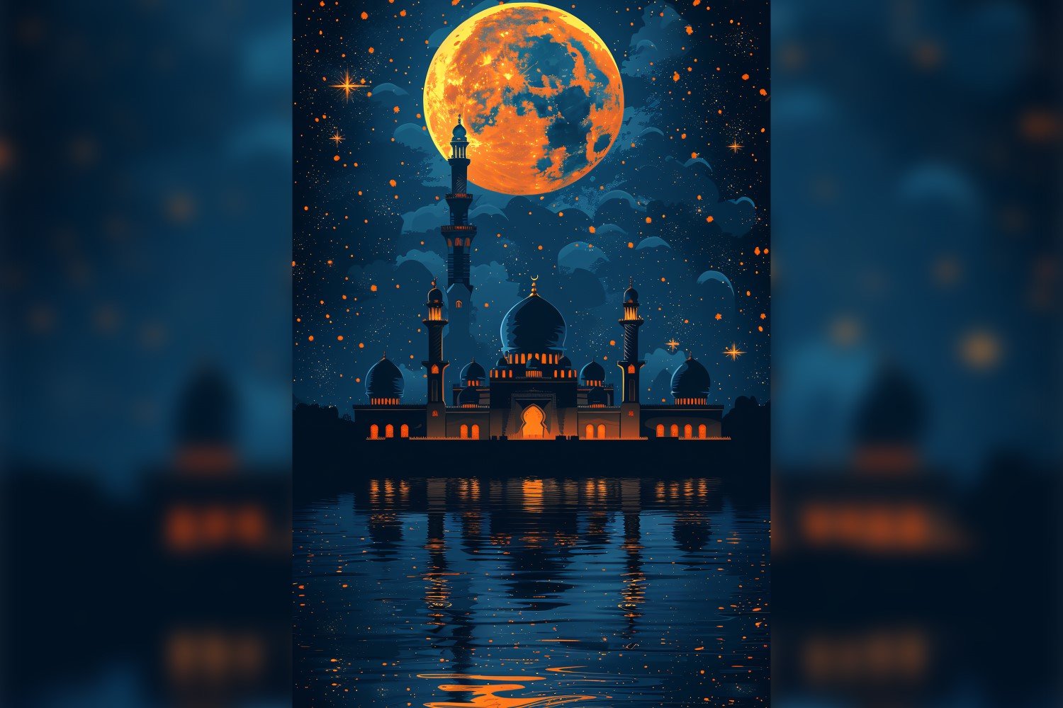 Ramadan Kareem greeting card poster design with moon & mosque 01