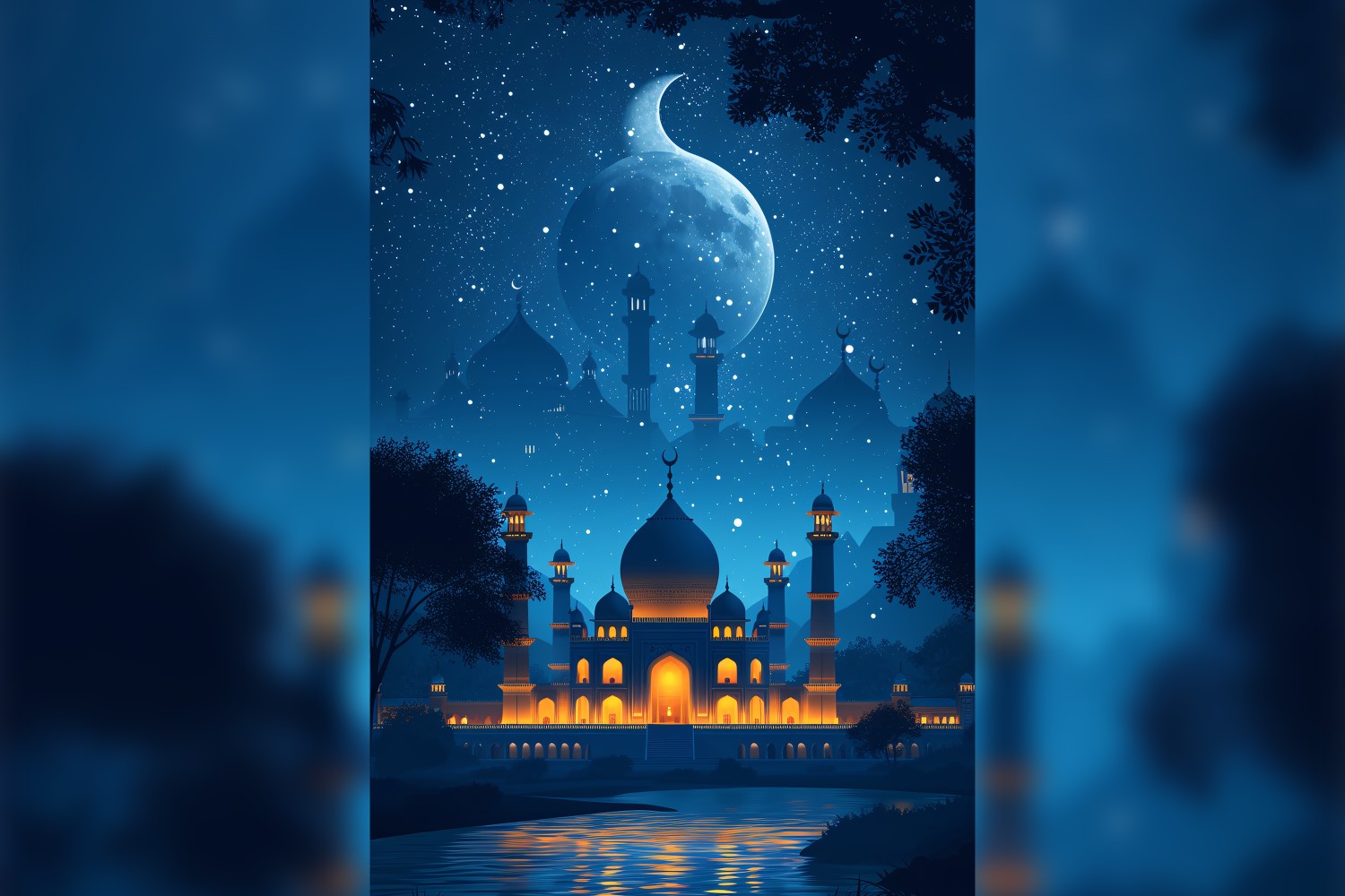 Ramadan Kareem greeting card poster design with mosque & moon background 01