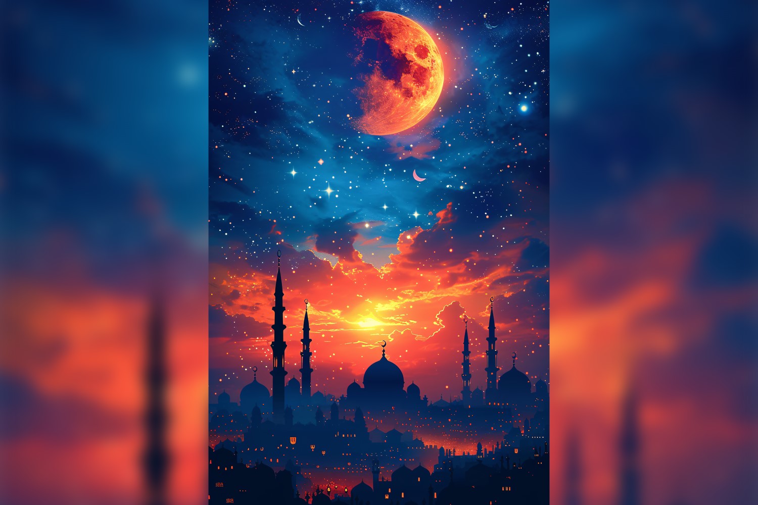 Ramadan Kareem greeting card poster design with moon & mosque 02