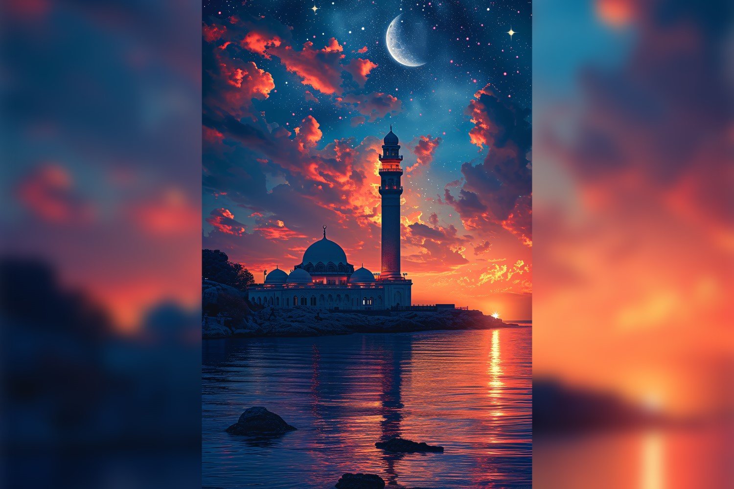 Ramadan Kareem greeting card poster design with moon & mosque background 02