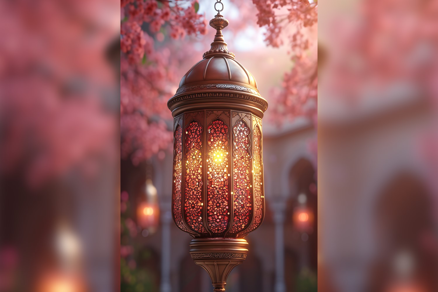 Ramadan Kareem greeting card poster design with lantern & flower 01
